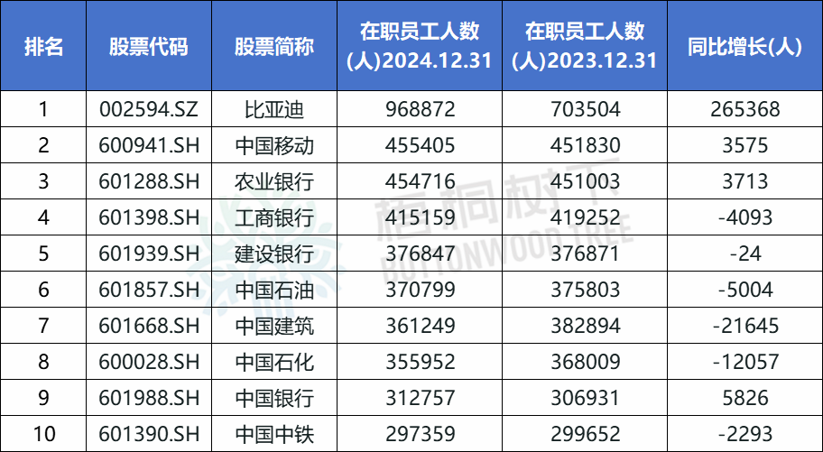 A股公司员工人数排名，比亚(👉)迪最多，96.89万人，最少仅18人