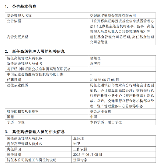 千亿基金“换帅”：27年老将谢卫转任专家，袁(🎊)庆伟接任总经理